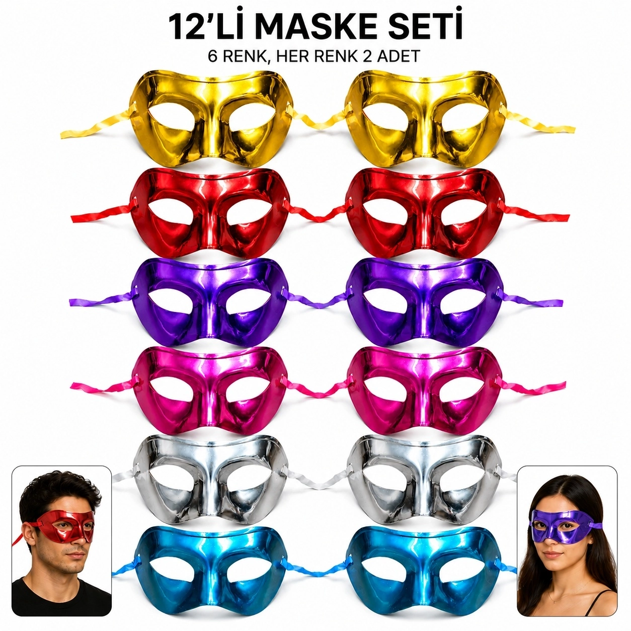 1239li Metalik Venedik  Parti Maskesi Seti – 6 Renk Karışık