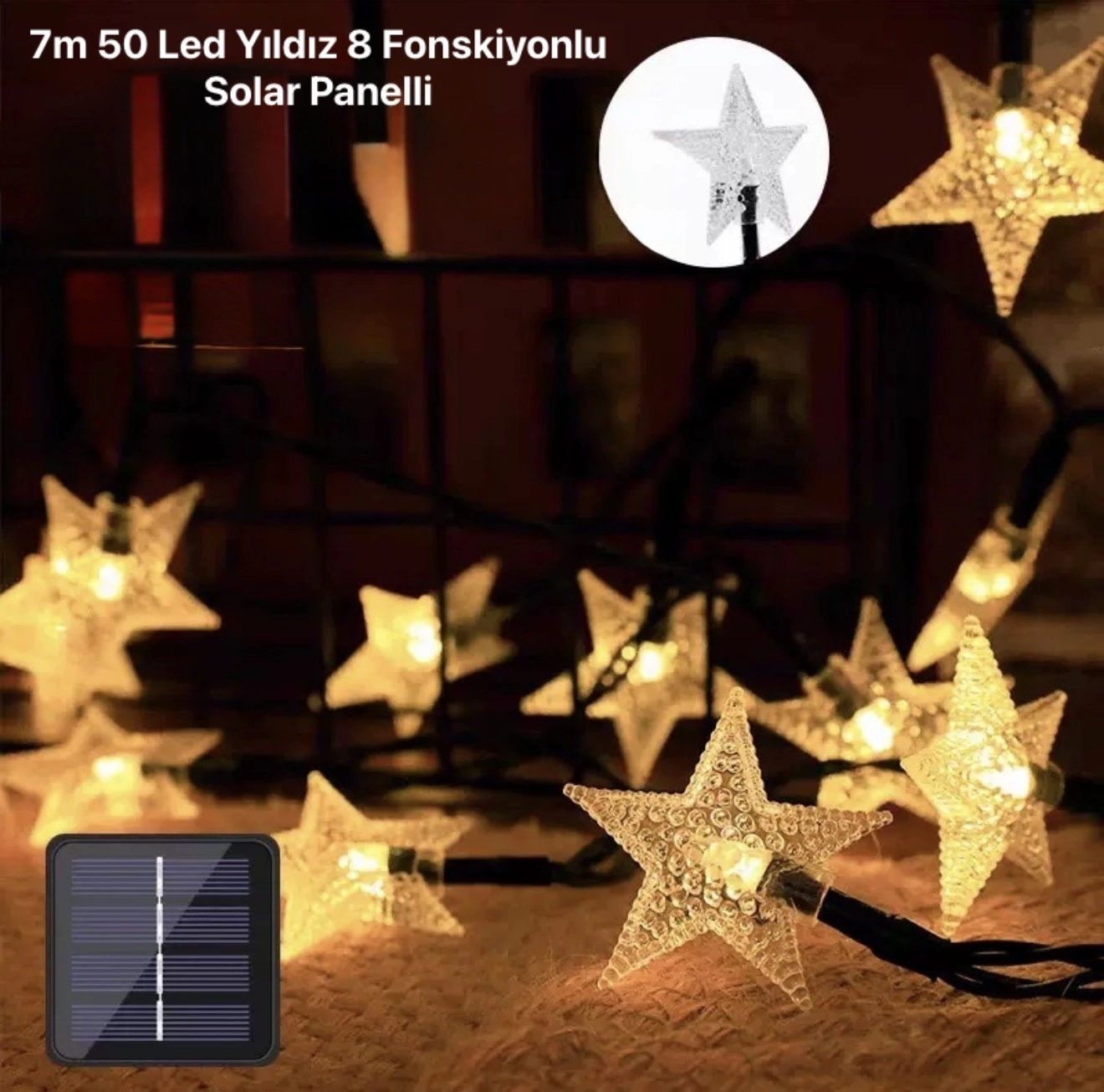 7m 50 Led Yıldız 8 Fonksiyonlu Solar Panelli-gün Işığı