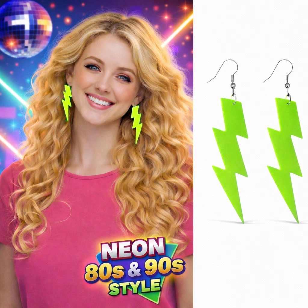 80’ler 9039lar Retro Neon Yeşil Şimşek Küpe 10 Cm