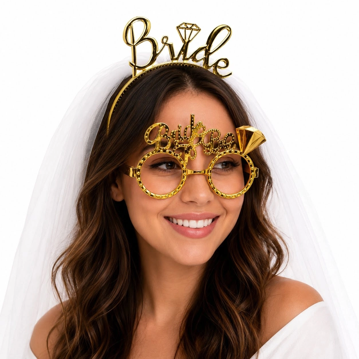 Bride Yazılı Gold Taç Ve Parti Gözlüğü Seti