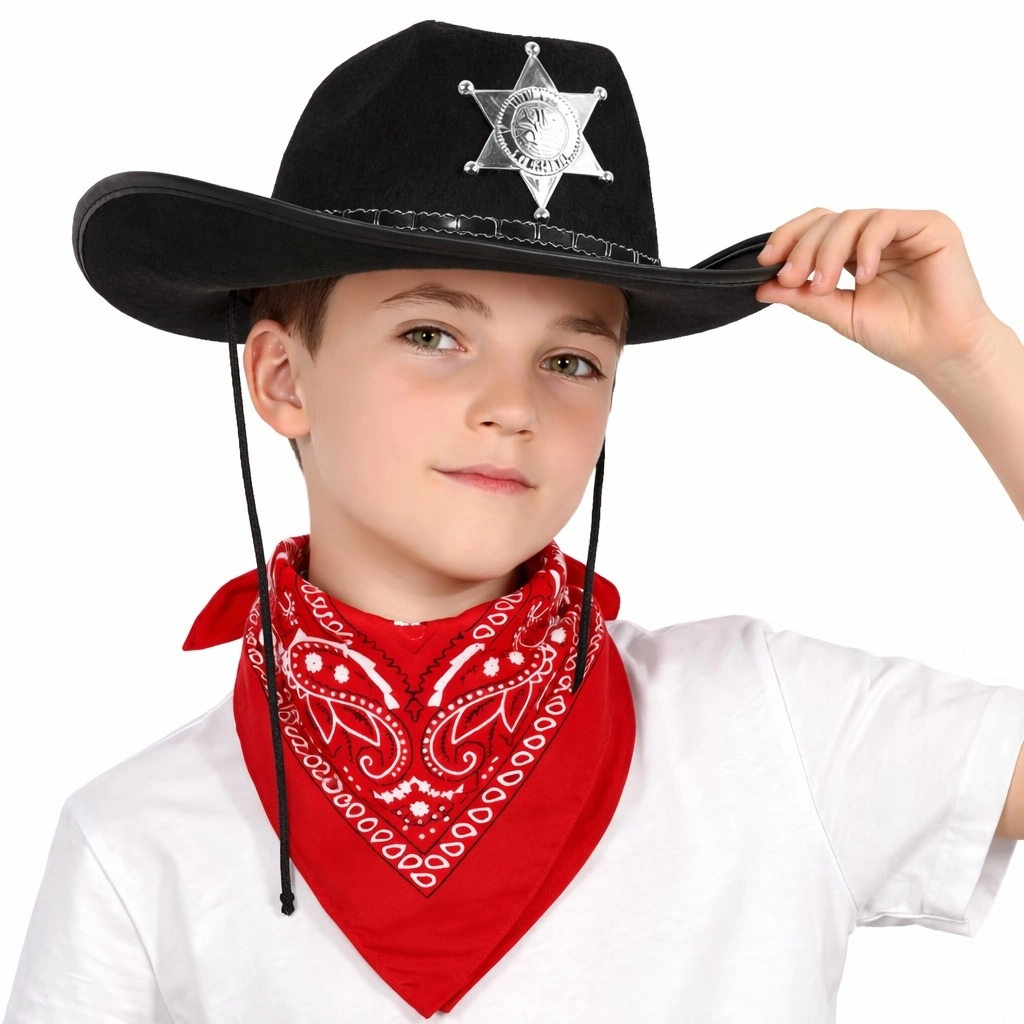 Çocuk Kovboy Şapka Rozetli Siyah  Kırmızı Bandana Seti