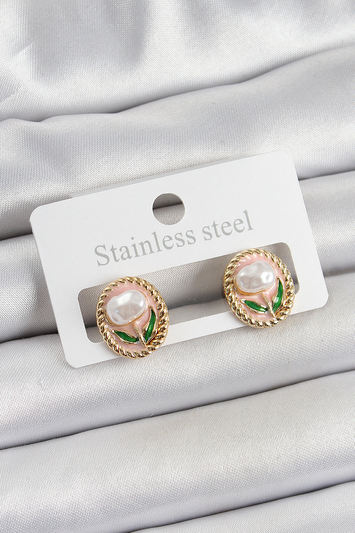 Pirinç Pembe Mineli Lale Figürlü Sanatsal Portre Model Gold Renk Kadın Küpe 5886