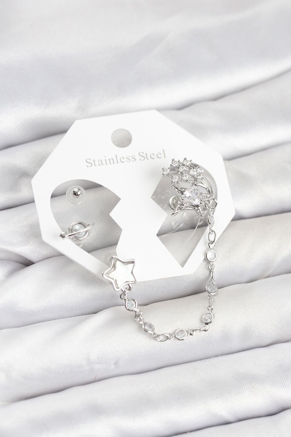 Pirinç Gümüş Renk Yıldız Model Zincir Bağlantılı Ear Cuff Küpe Seti 5886