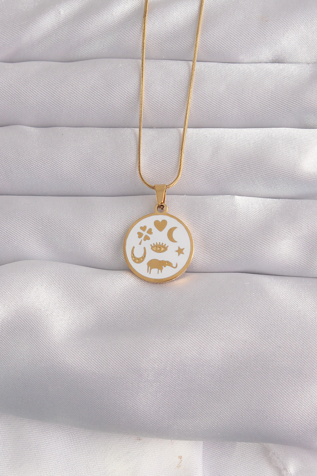316L Çelik Gold Renk Beyaz Mineli Karışık Figürlü Tarot Kolye 5886