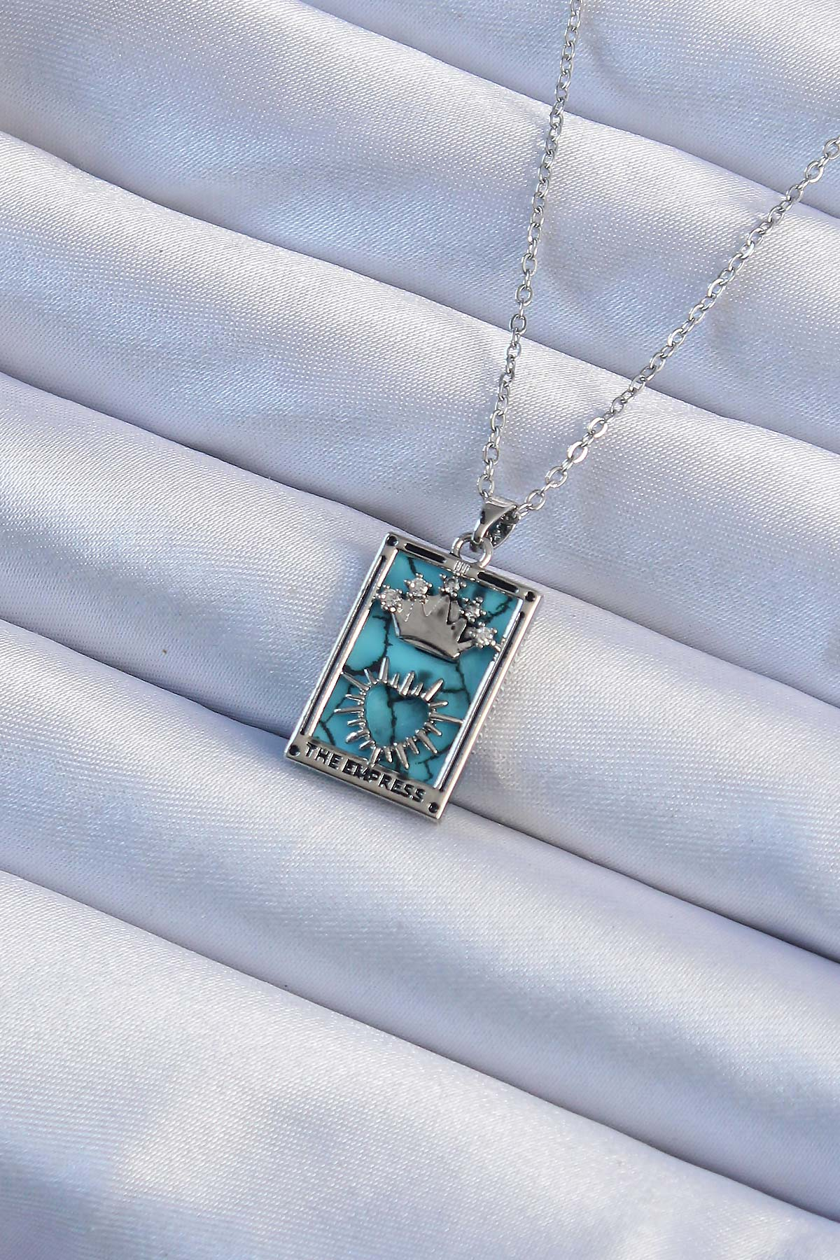 316L Çelik Zincir Gümüş Renk Zirkon Taşlı Mavi Mermer Desenli Taç Model Tarot Kolye 5886