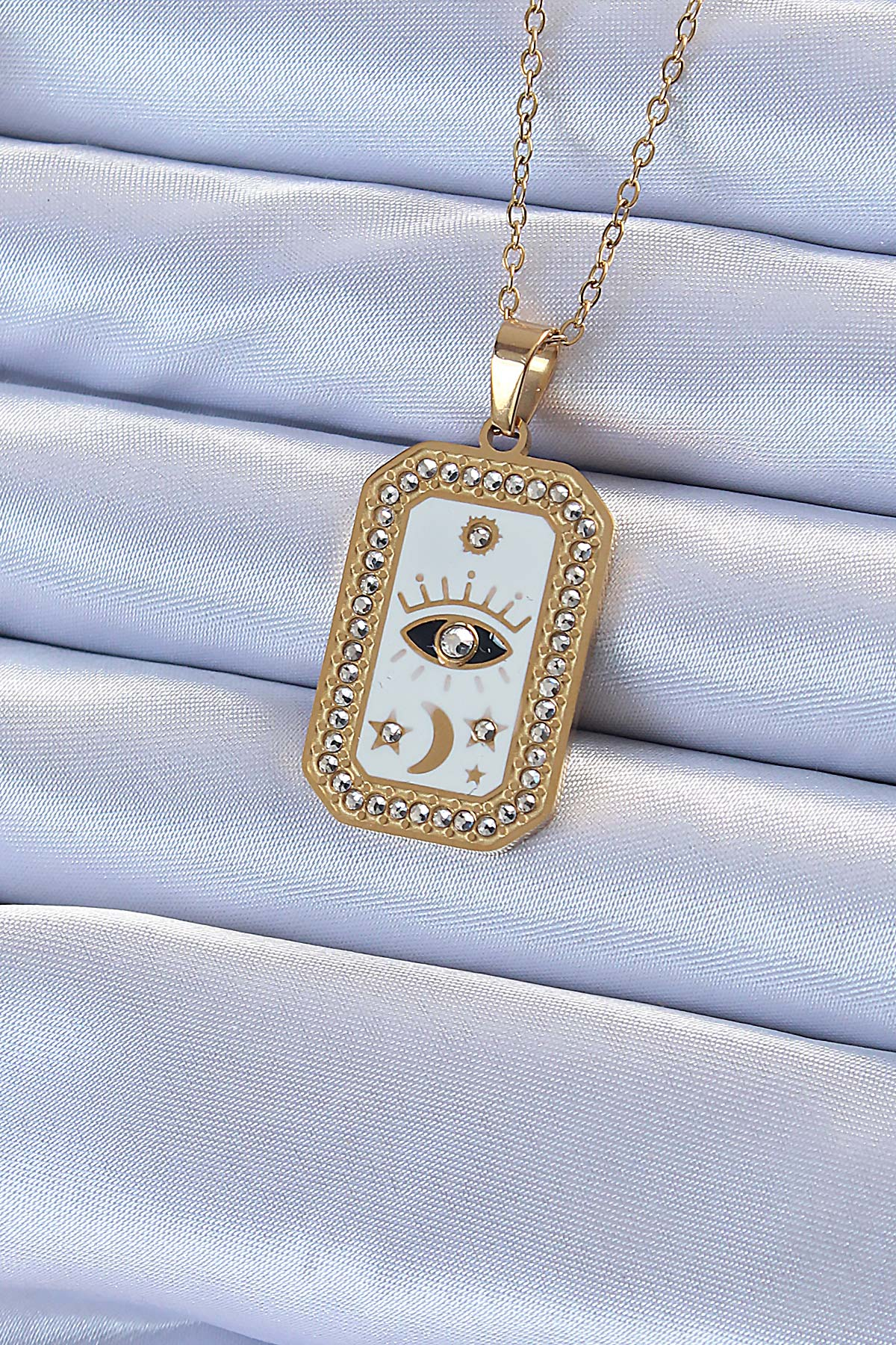 316L Çelik Zincir Altın Renk Mineli Zirkon Taşlı Göz Figür Tarot Kolye 5886