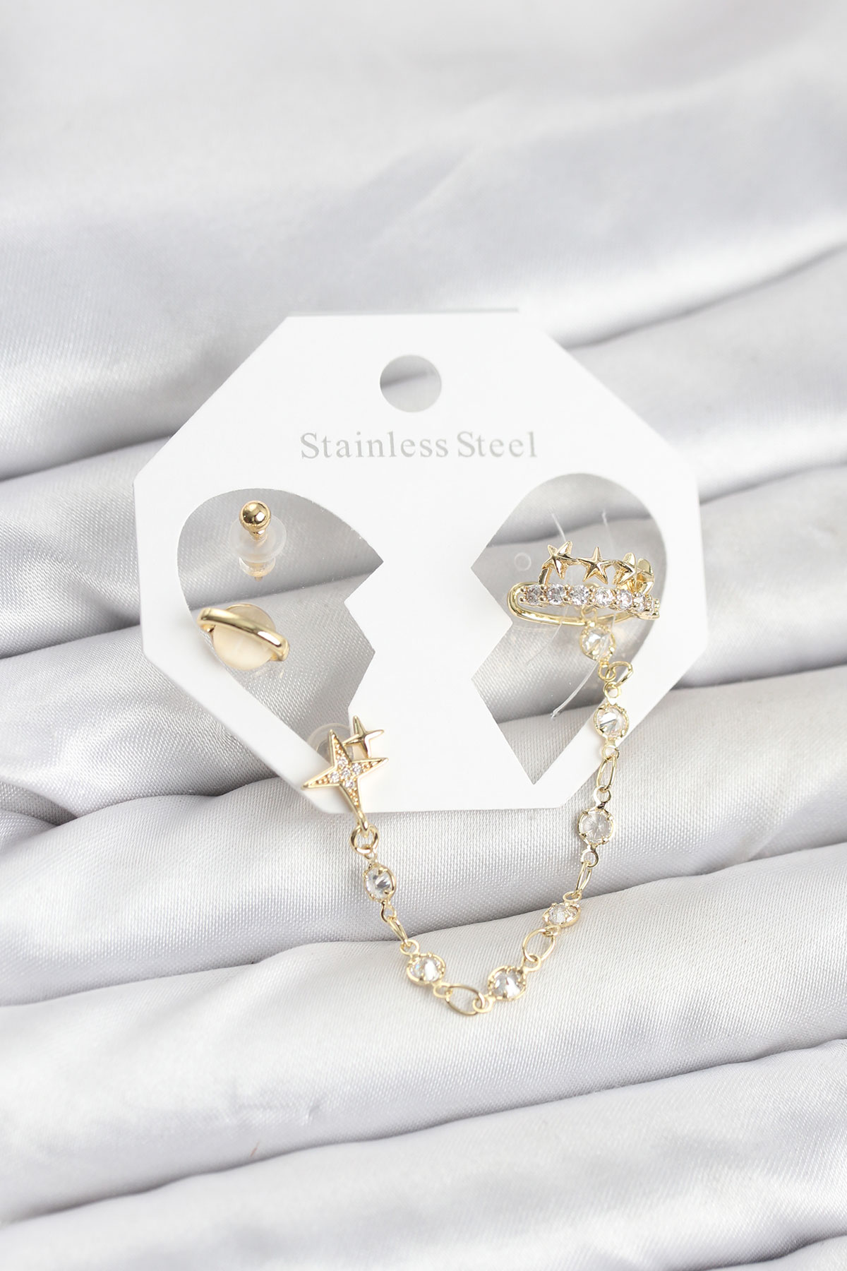 Pirinç Gold Renk Uzay Model Zincir Bağlantılı Ear Cuff Küpe Seti 5886