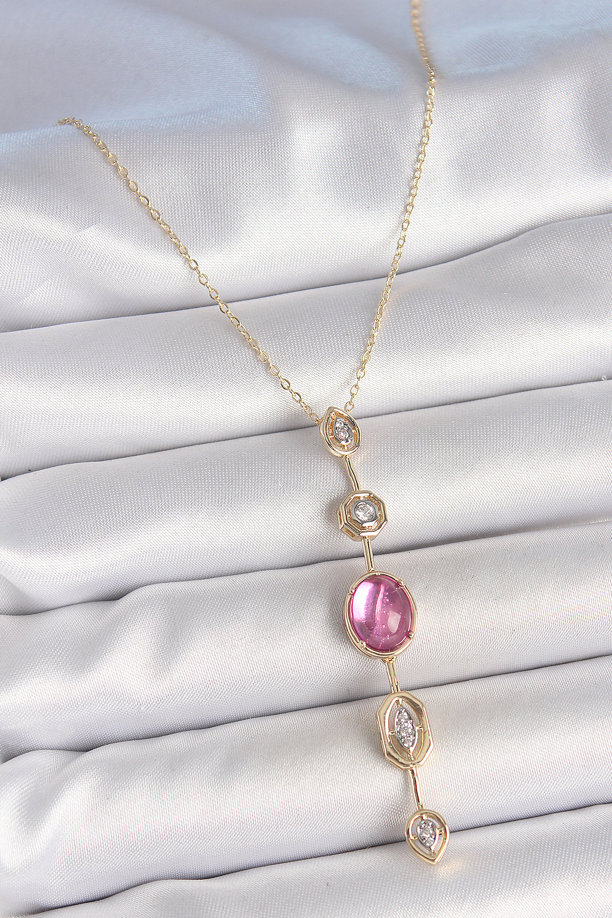 Pirinç Zincir Gold Renk Pembe Zirkon Taşlı Y Kolye 5886