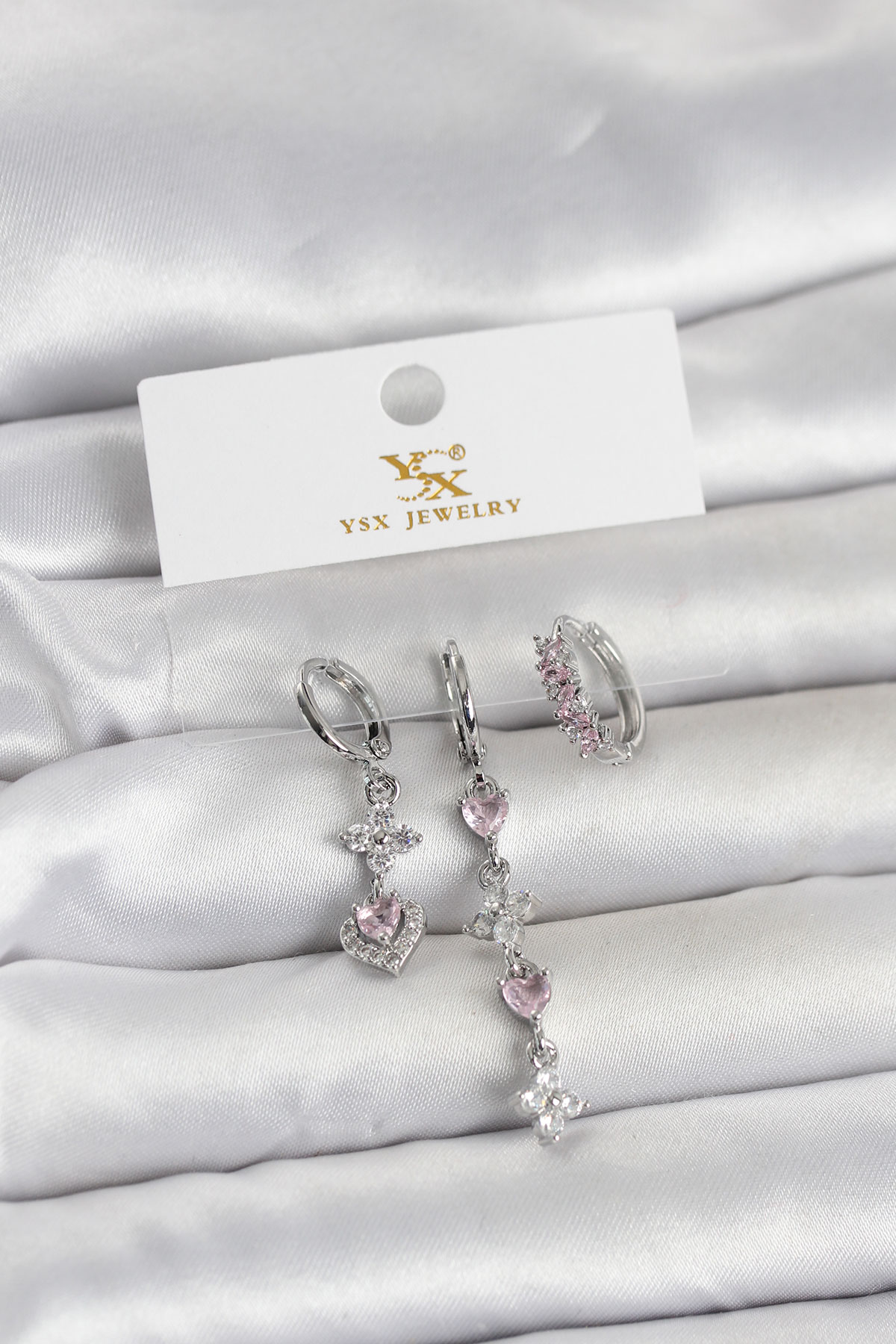 Pirinç Gümüş Renk Pembe Zirkon Taşlı 3'lü Kadın Küpe 5886