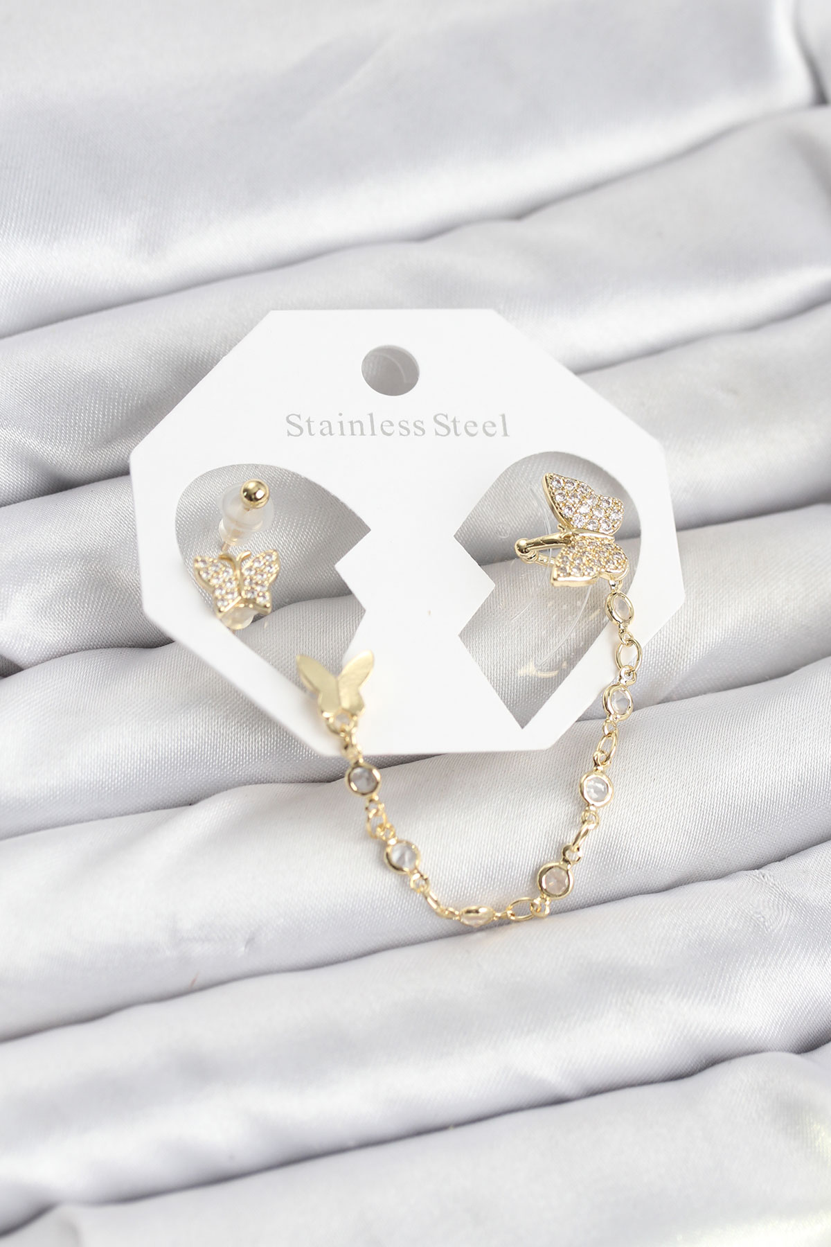 Kelebek Model Pirinç Gold Renk Zincir Bağlantılı Ear Cuff Küpe Seti 5886