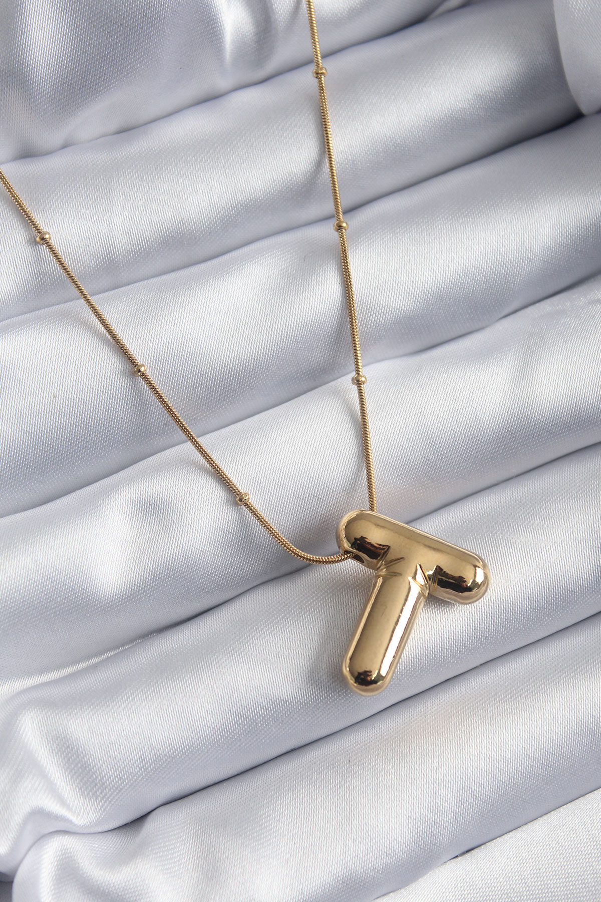 316L Çelik Gold Renk Bubble "T" Harf Model Kadın Kolye 5886