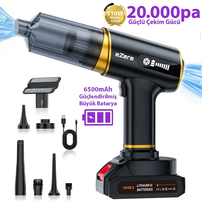 EZERE ST-6609C 20000pa Güçlü Dijital Göstergeli Vakumlu Kablosuz Üflemeli Araç Süpürgesi