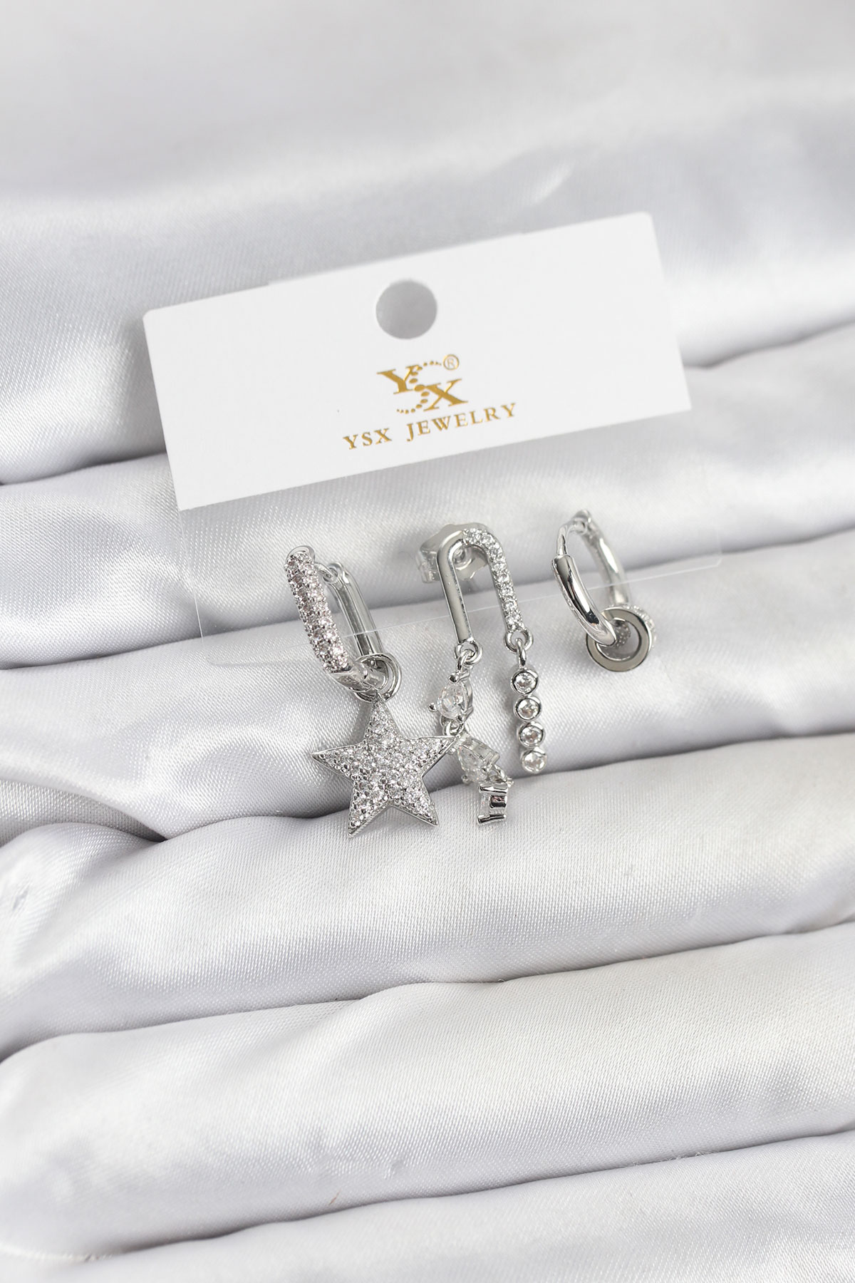 Pirinç Gümüş Renk Zirkon Taşlı Yıldız Vintage Model YSX Trio Küpe Seti 5886