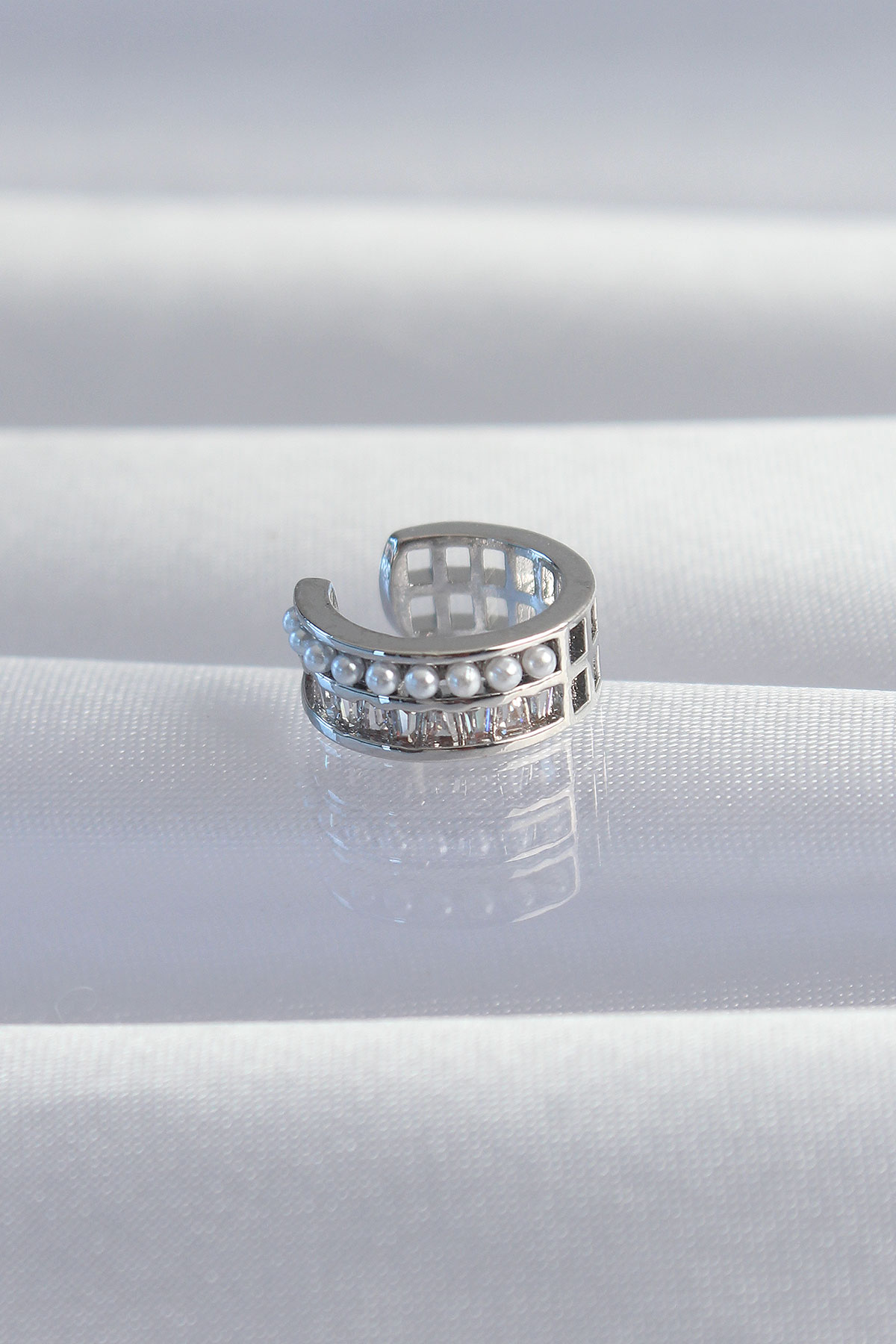 Pirinç Gümüş Renk İncili Baget Taşlı Earcuff Küpe 5886