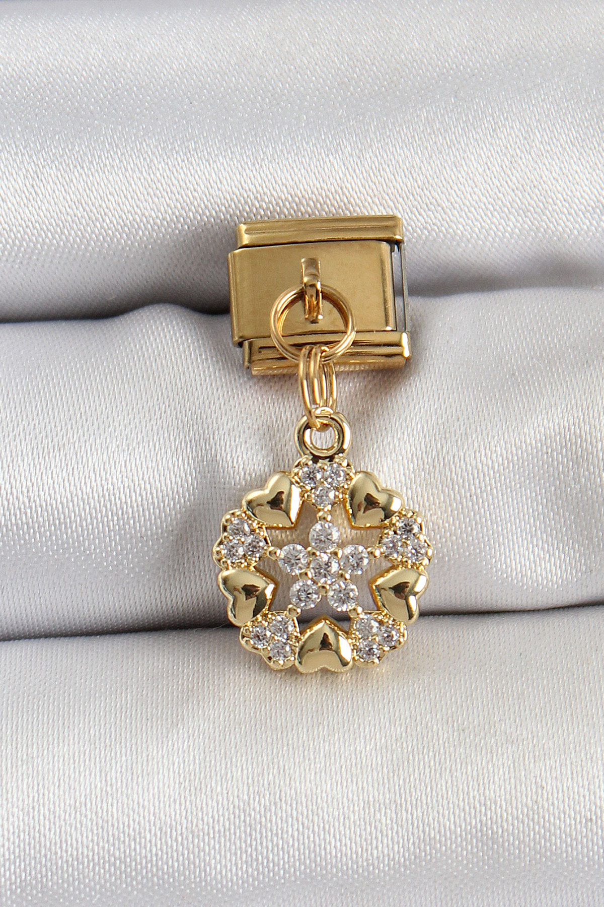 316L Çelik Sallantılı Zirkon Taşlı Kalp Detaylı Yıldz Model Gold Renk Nomination Charm 5886