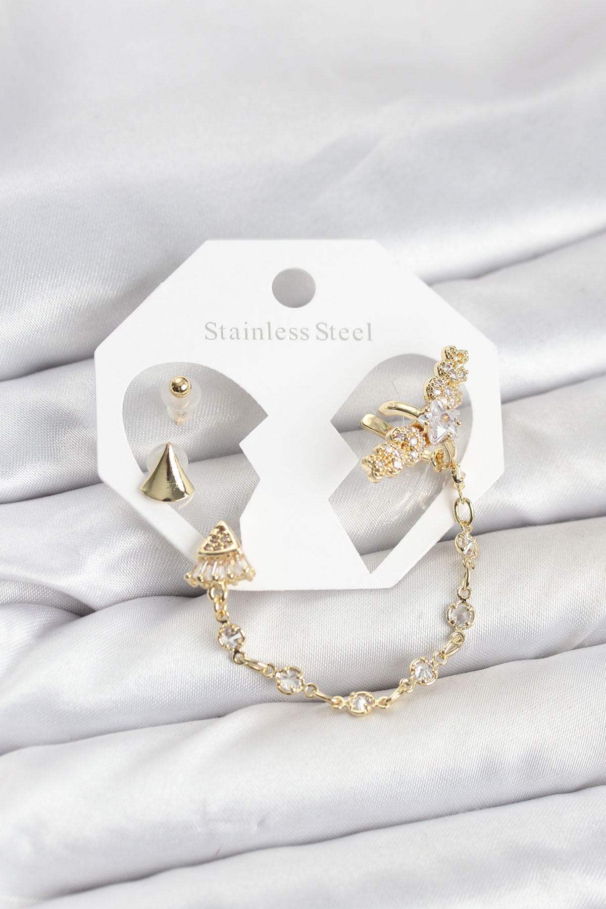 Pirinç Gold Renk Yıldızlı Model Zincir Bağlantılı Ear Cuff Küpe Seti 5886