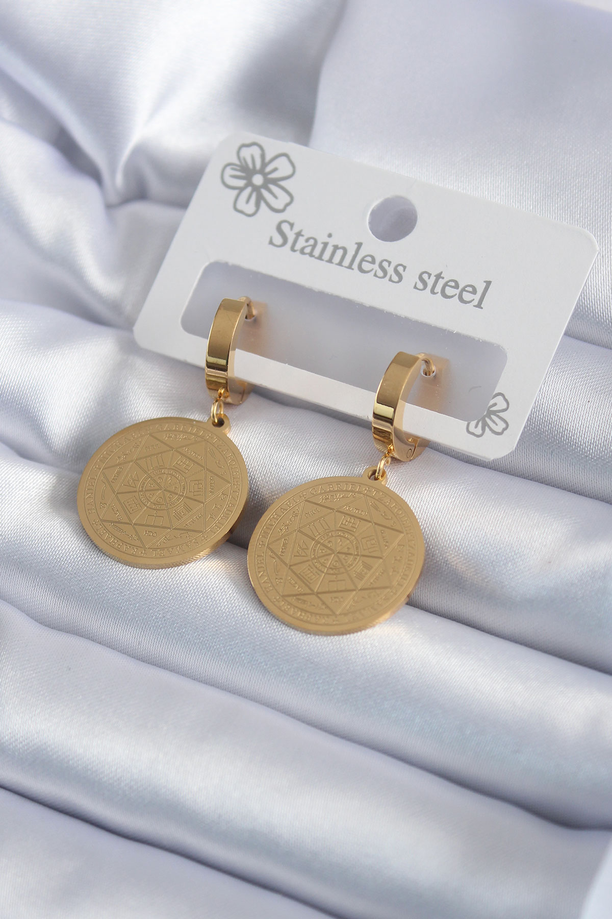 316L Çelik Gold Renk Pentagram Yıldızı İşleme Model Kadın Küpe 5886