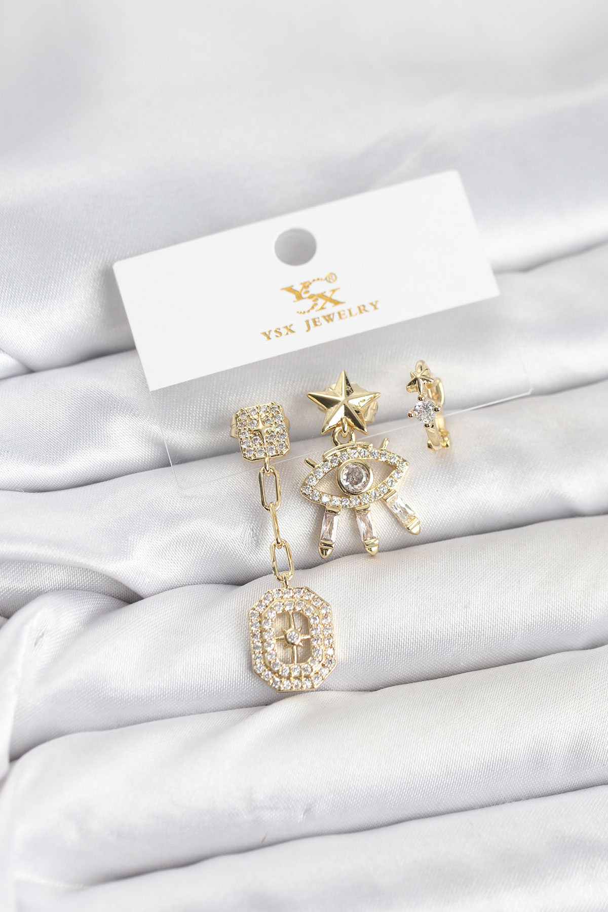 Pirinç Gold Renk Göz ve Kutup Yıldızı Model YSX Trio Küpe Seti 5886