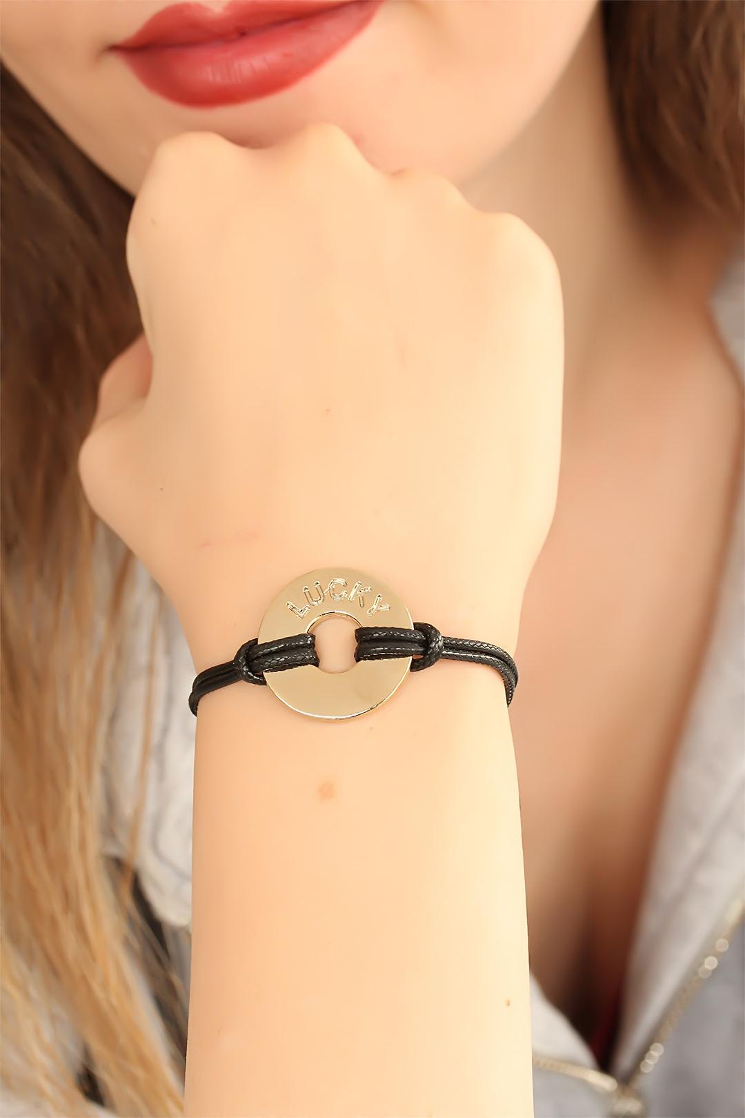 LUCKY (Şanslı) Siyah Deri İpli Unisex Mood Bileklik 5886