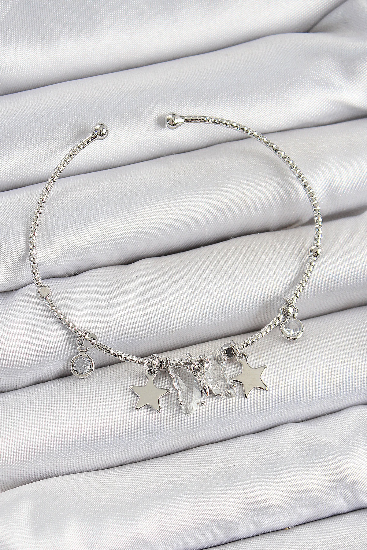 Pirinç Zirkon Taşlı Kelebek Ve Yıldız Model Gümüş Renk Charm Bileklik 5886
