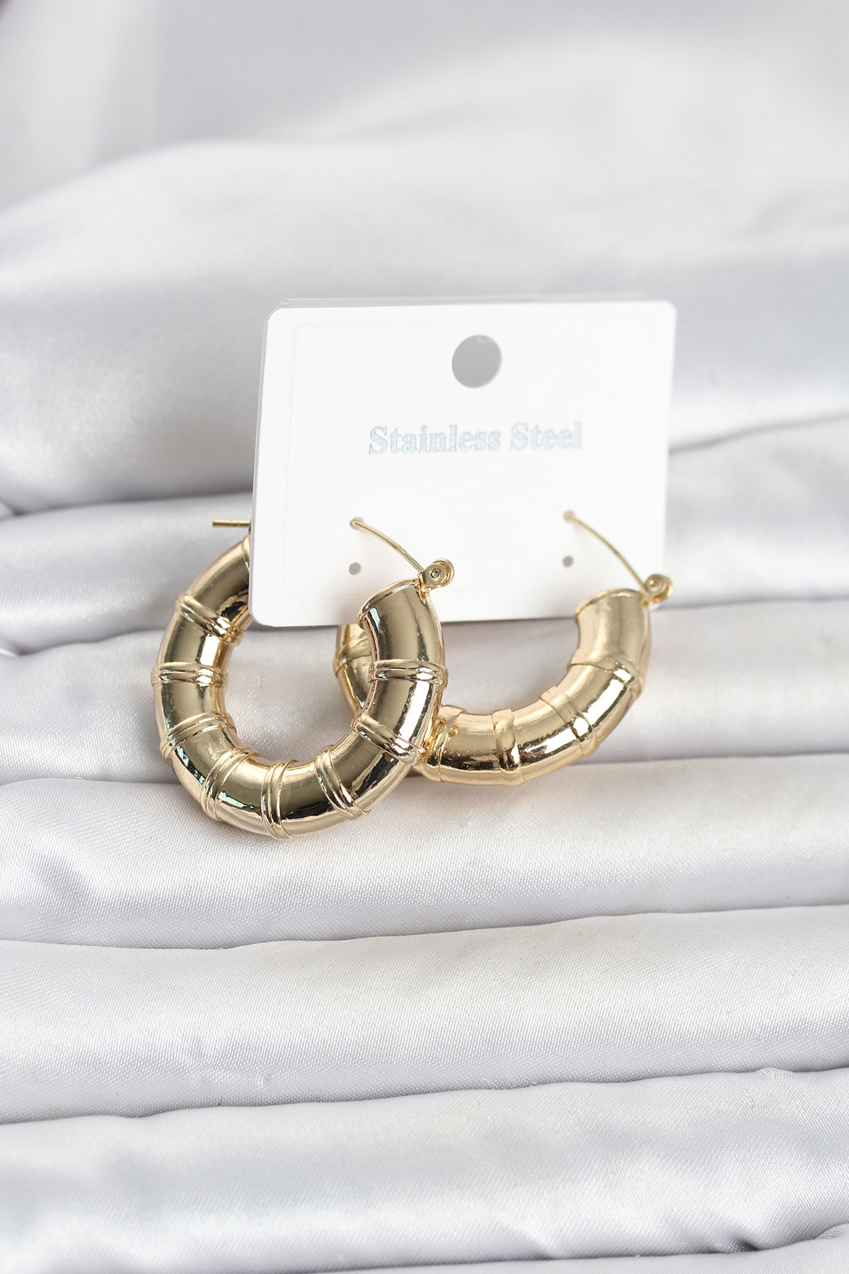 316L Çelik Gold Renk Bambu Model Halka Kadın Küpe 5886