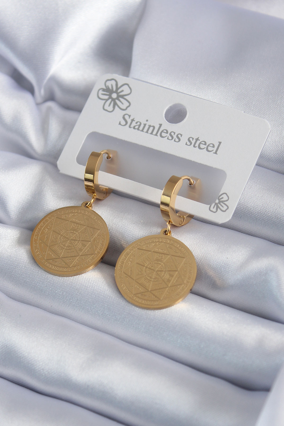 316L Çelik Gold Renk Pentagram İşleme Model Kadın Küpe 5886