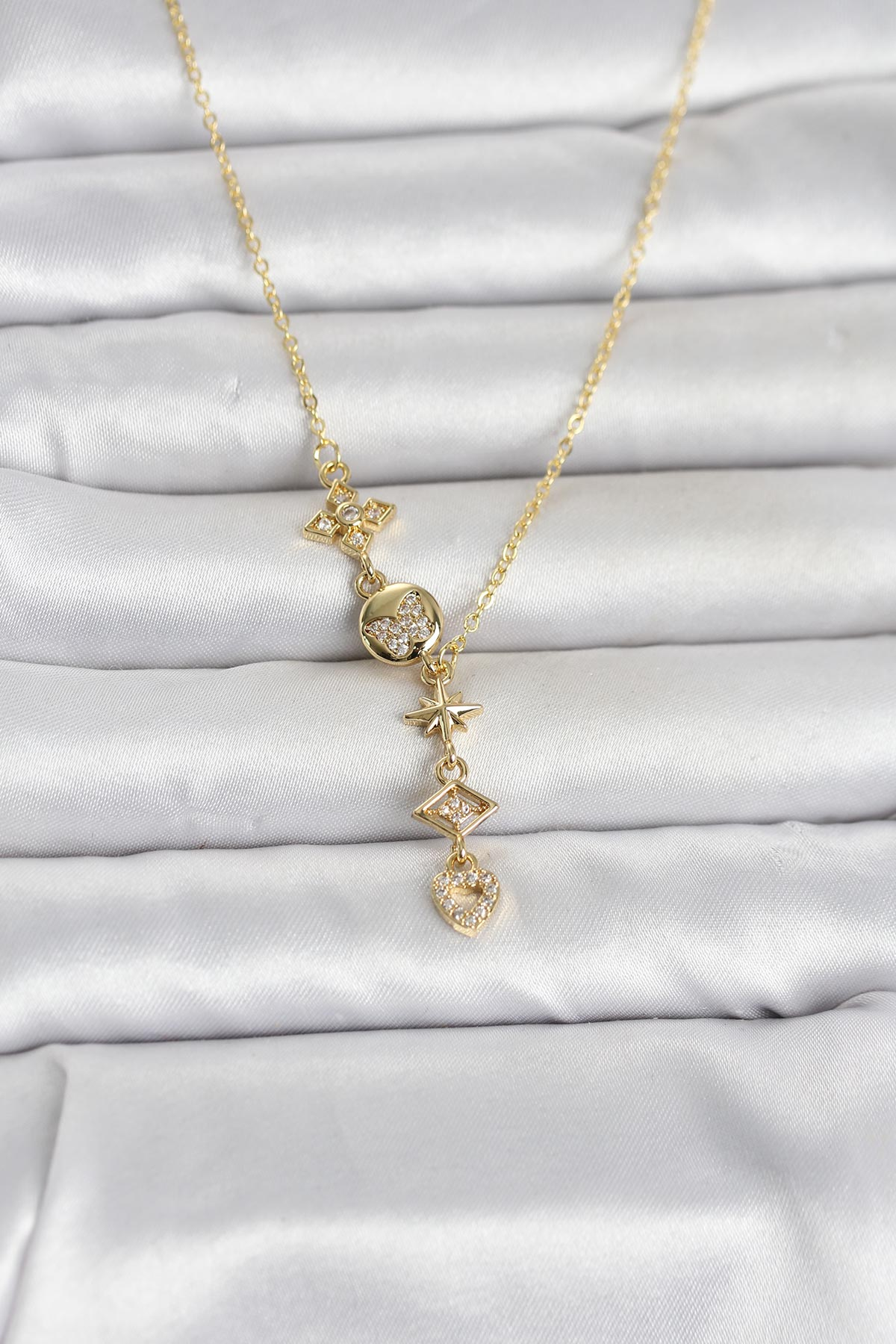 316L Çelik Gold Renk Zirkon Taşlı Y Kadın Kolye 5886