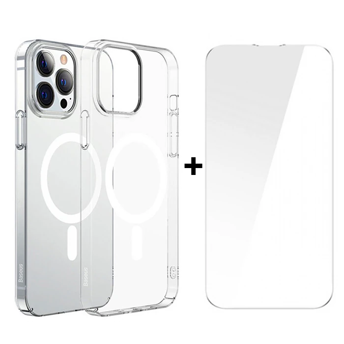 Baseus Crystal iPhone 13 Pro Max 6.7 Magsafe Silikon Kılıf + Tempered Ekran Koruyucu Set