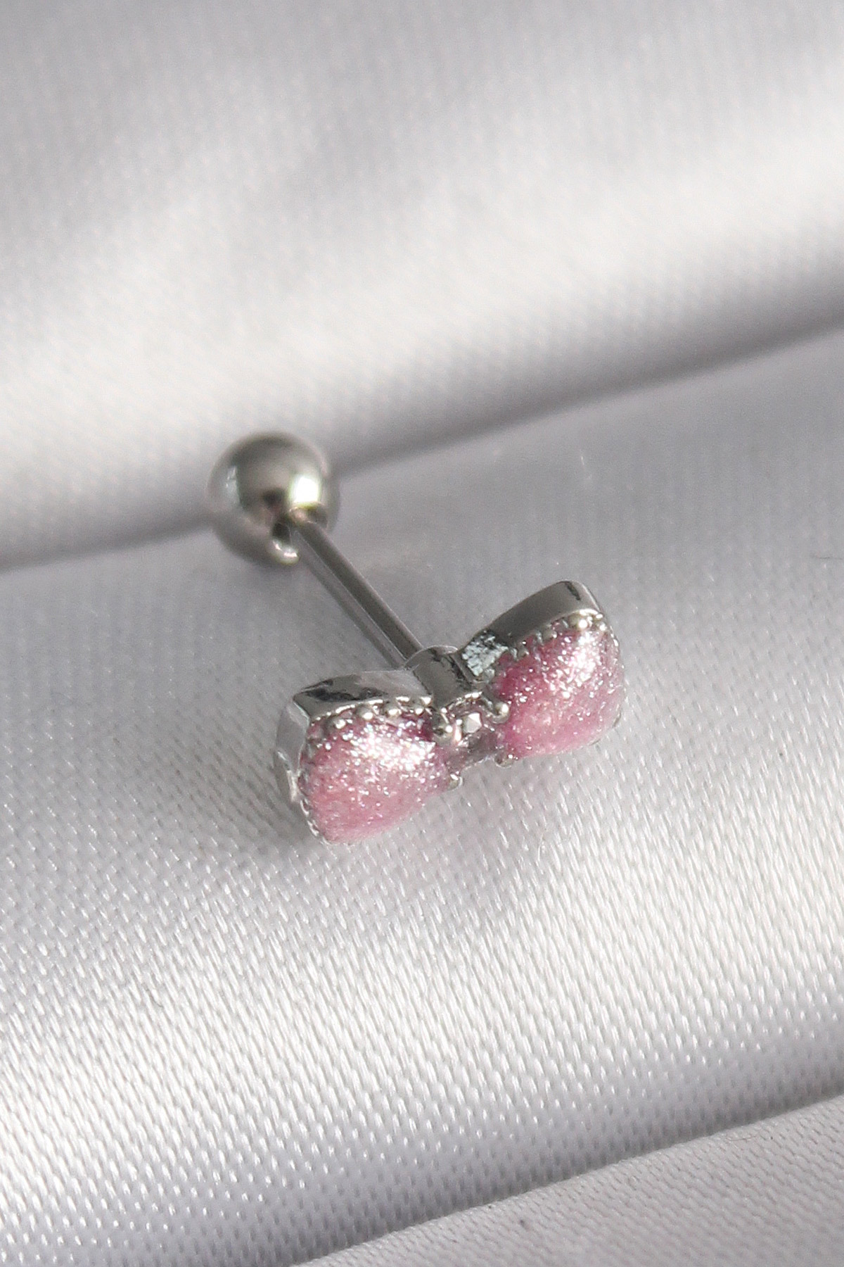 316L Çelik Gümüş Renk Pembe Kurdele Zirkon Taş Detay Tragus Piercing 5886