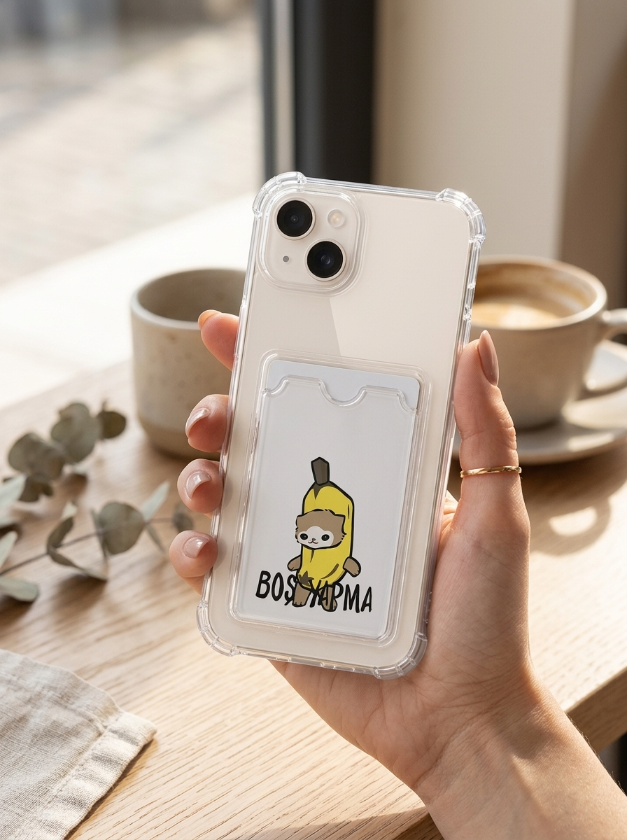 iPhone 14 Boş Yapma Muz Detaylı Kart Bölmeli Şeffaf Telefon Kılıfı