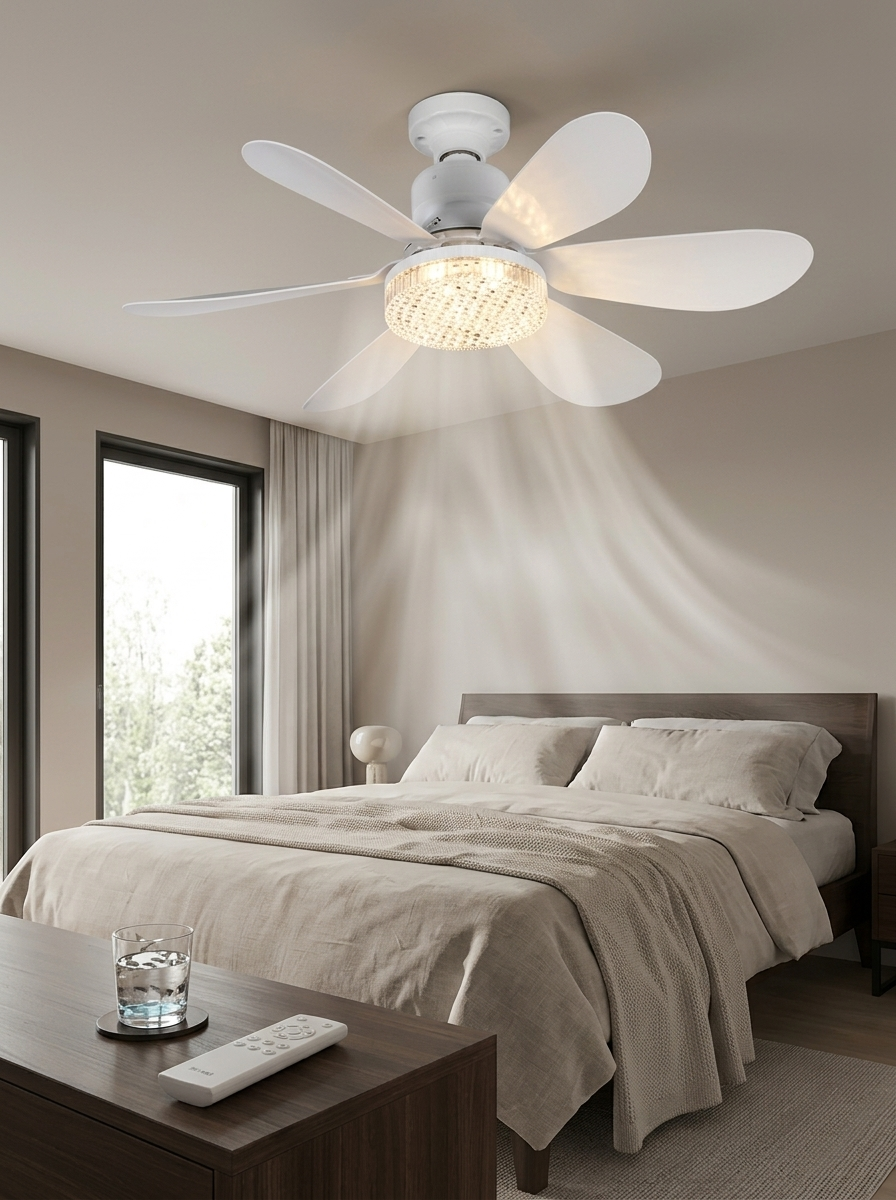 Crystal Aura 52 cm Ultra Sessiz LED Tavan Vantilatörü | 3 Kademeli Bakır Motor | Kumandalı Kristal Avize Vantilatör
