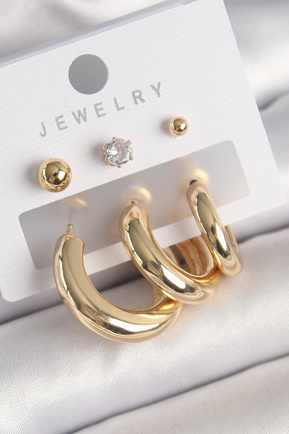 Pirinç Gold Renk Halka Model Zirkon Taşlı Topçuk Detay Kadın Küpe 5886