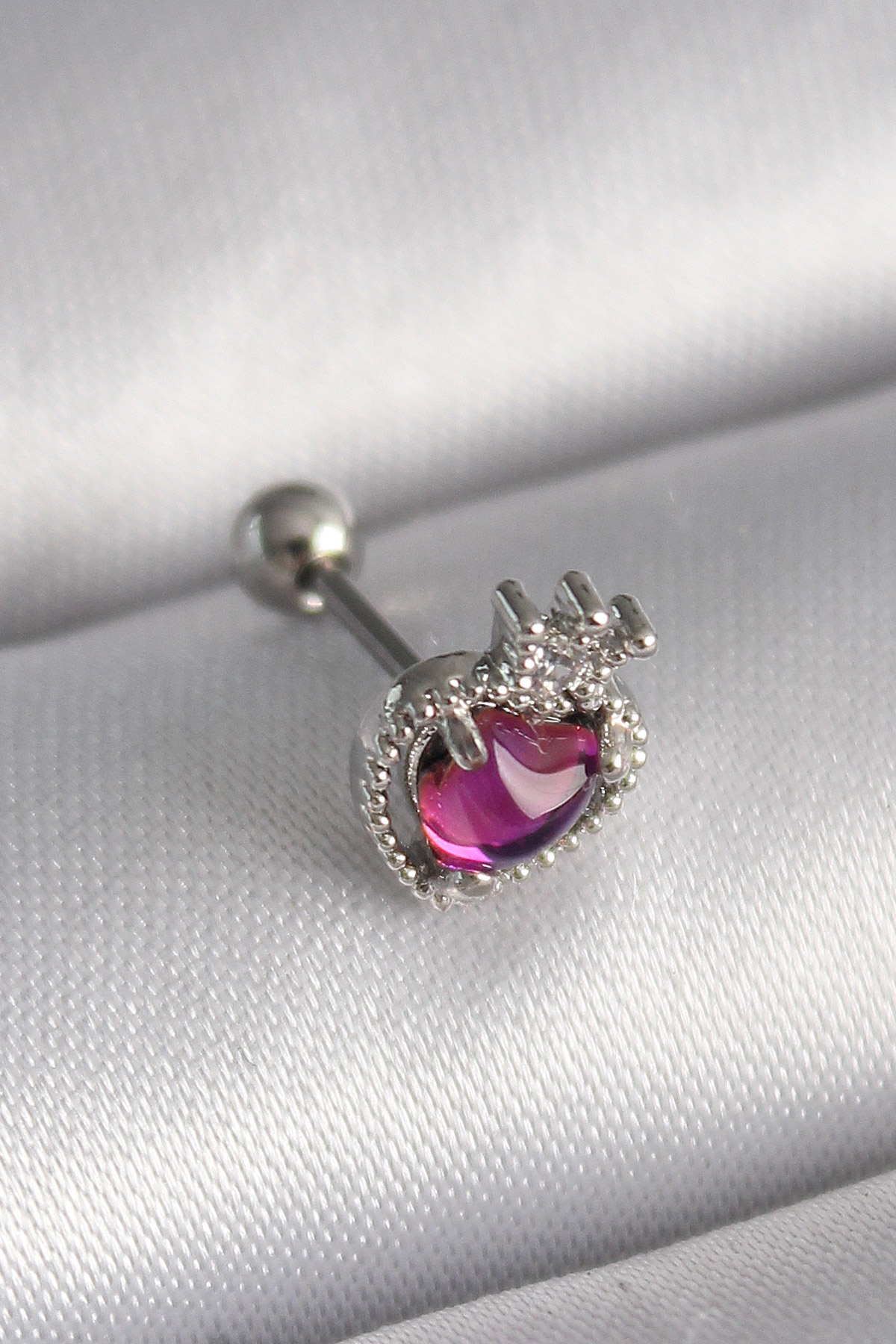316L Çelik Gümüş Renk Pembe Mineli Kalp Zirkon Taş Detaylı Taç Tragus Piercing 5886