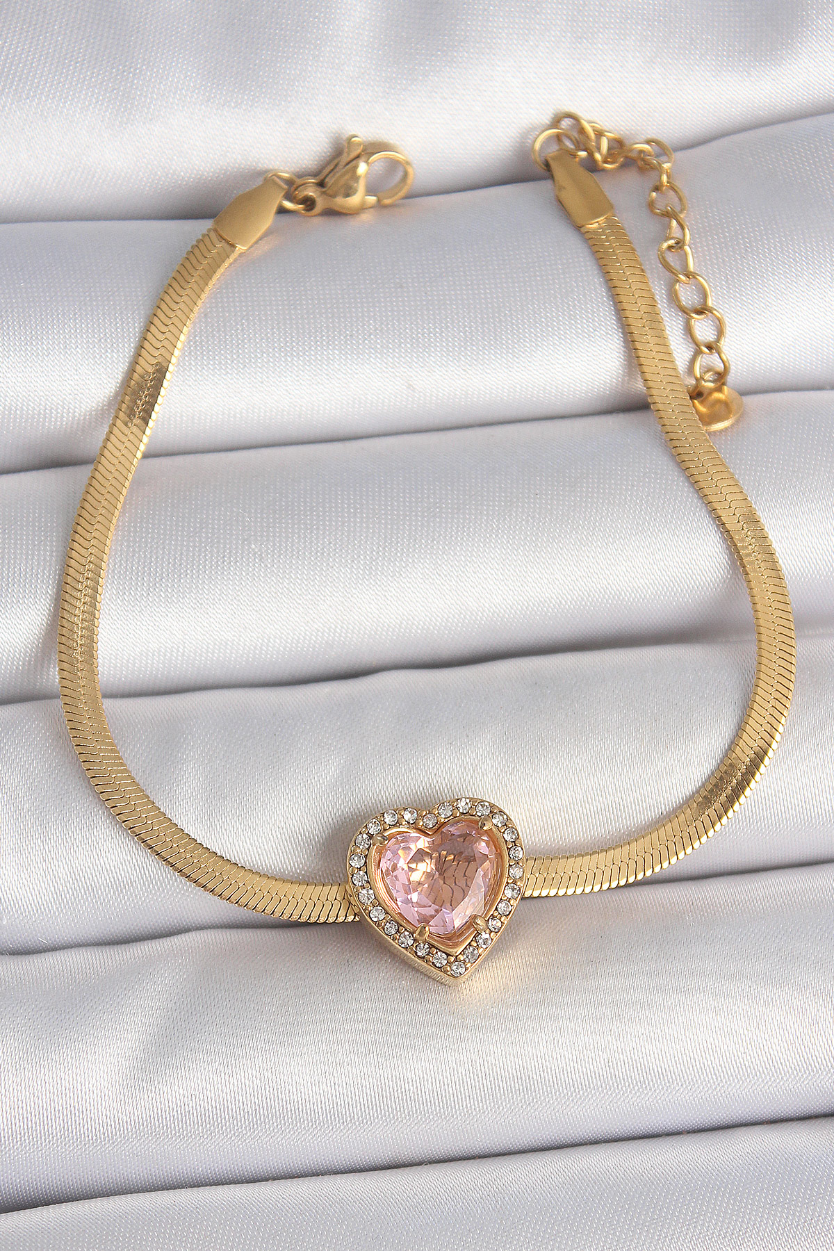 316L Çelik Gold Renk İtalyan Zincir Pembe Zirkon Taşlı Kalp Model Kadın Bileklik 5886