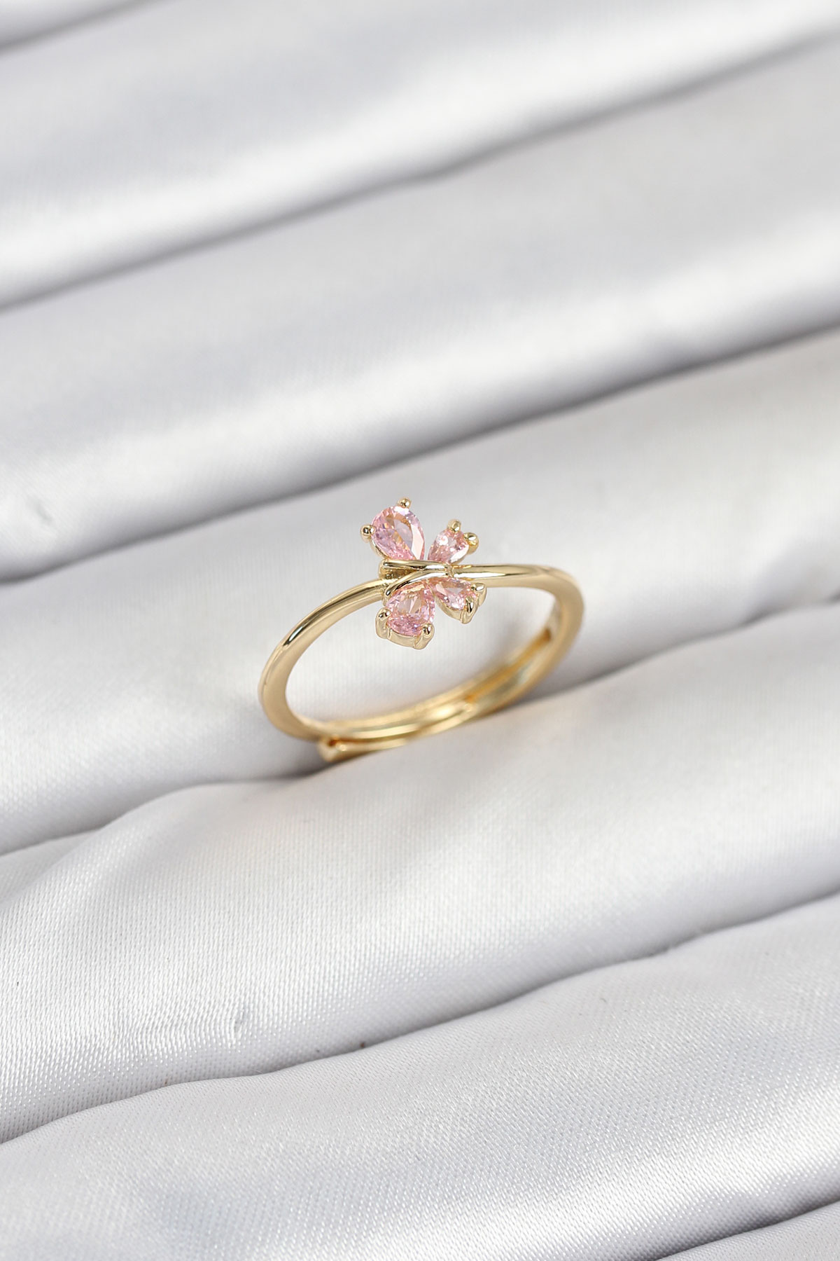 Pirinç Gold Renk Pembe Kelebek Kadın Yüzük 5886