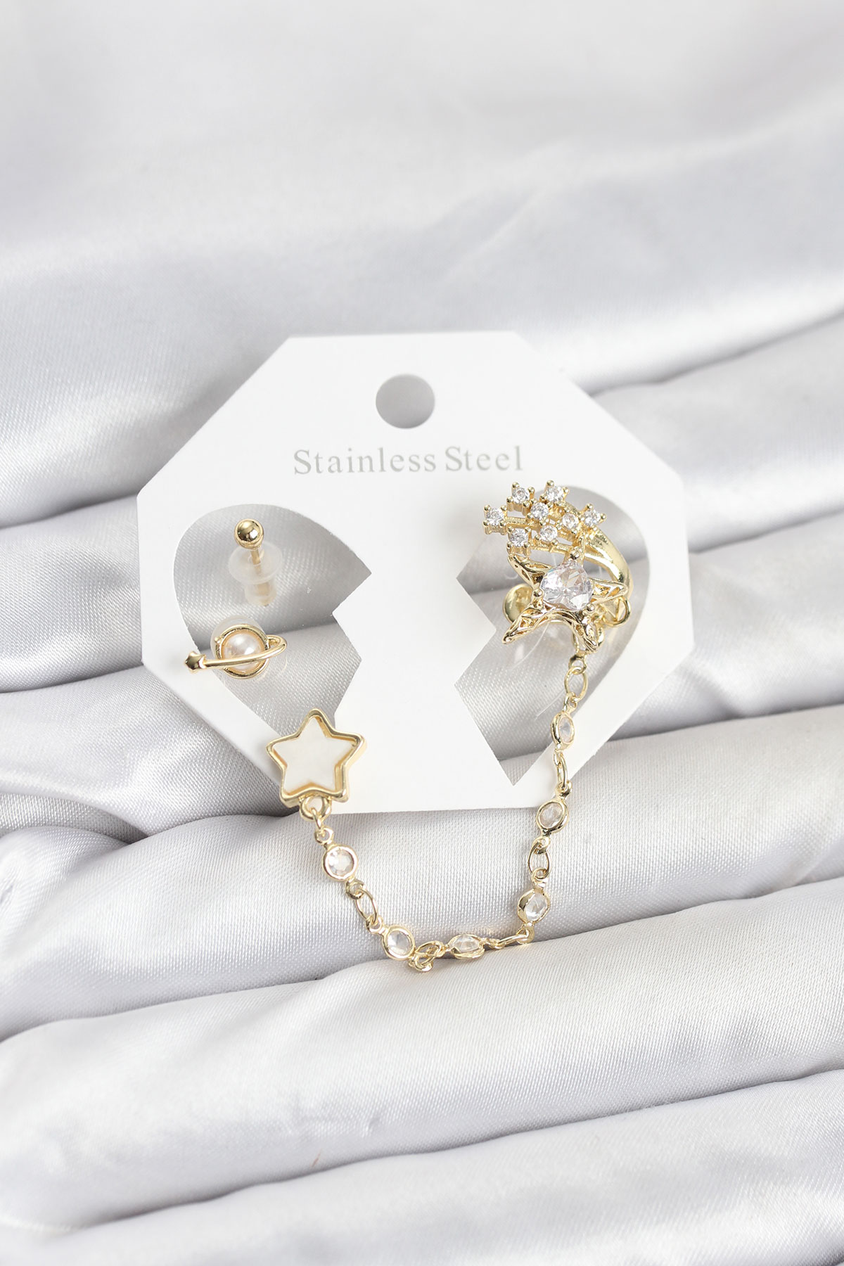 Pirinç Gold Renk Yıldız Model Zincir Bağlantılı Ear Cuff Küpe Seti 5886