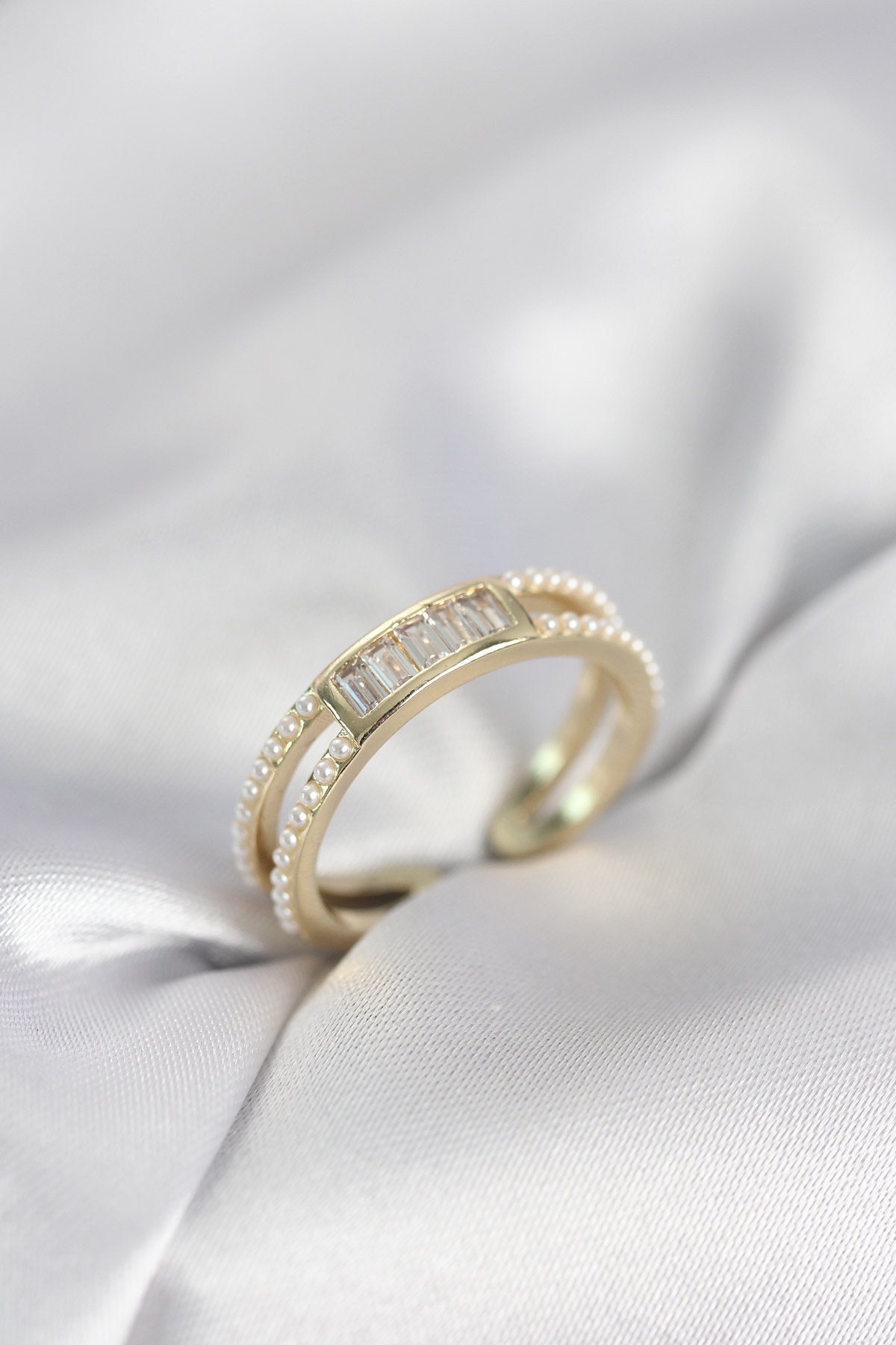 Baget Zirkon Taşlı Gold Renk İncili Kadın Yüzük 5886