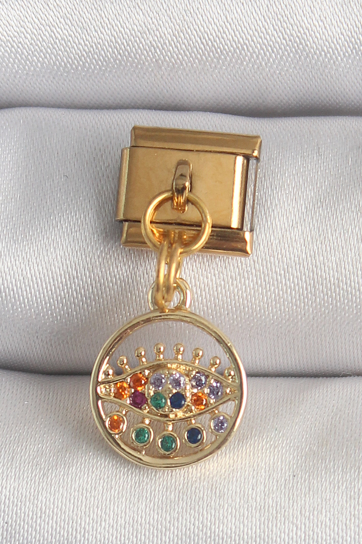 316L Çelik Gold Renk Sallantı Renkli Zirkon Taşlı Göz Model Nomination Charm 5886