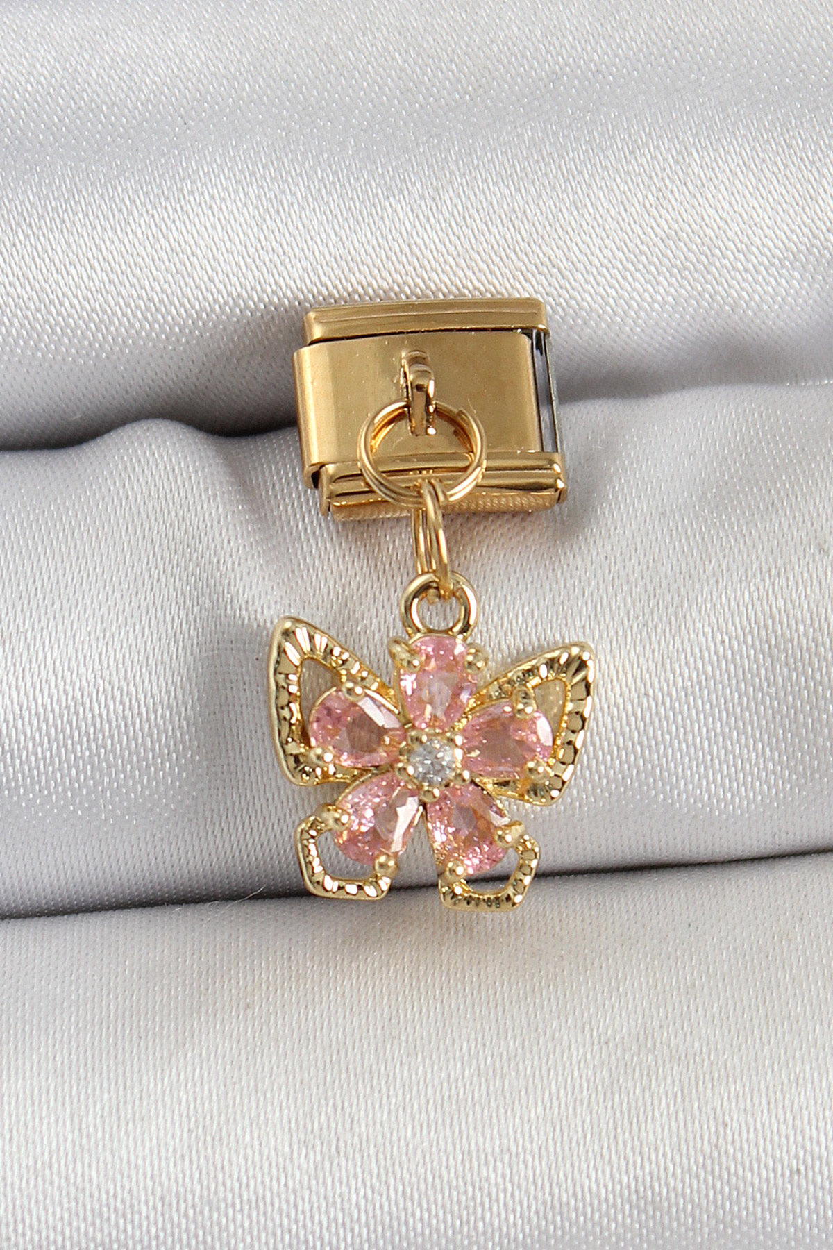 316L Çelik Sallantılı Zirkon Taşlı Çiçek Figürlü Kelebek Model Gold Renk Nomination Charm 5886