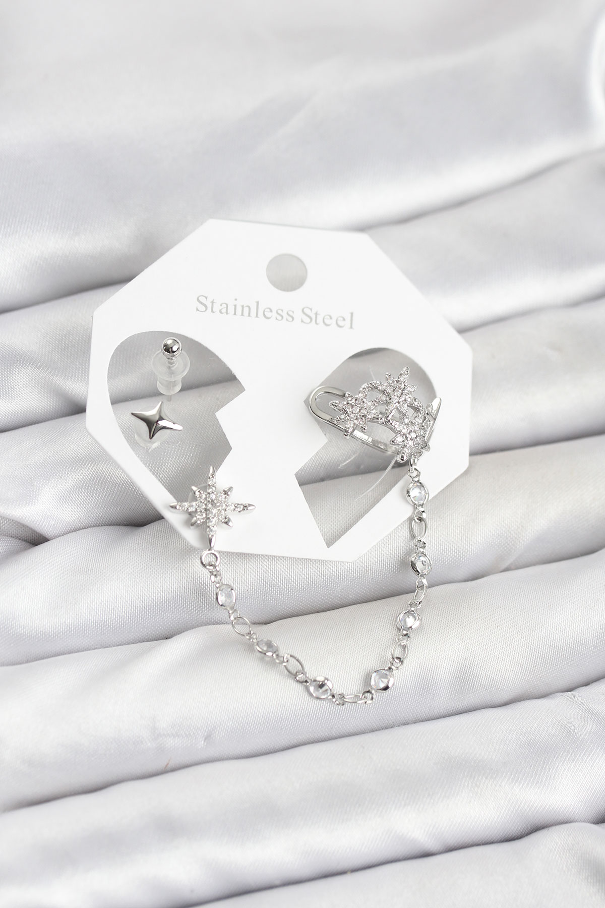 Kutup Yıldızı Model Pirinç Gümüş Renk Zincir Bağlantılı Ear Cuff Küpe Seti 5886