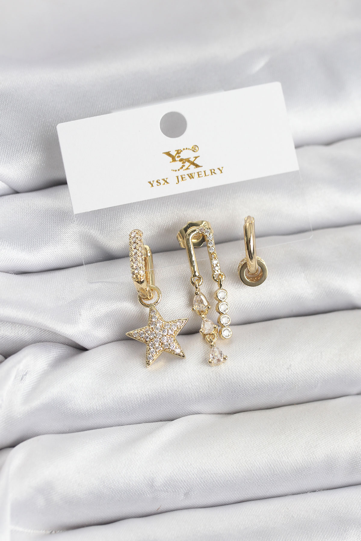 Pirinç Gold Renk Zirkon Taşlı Yıldız Vintage Model YSX Trio Küpe Seti 5886