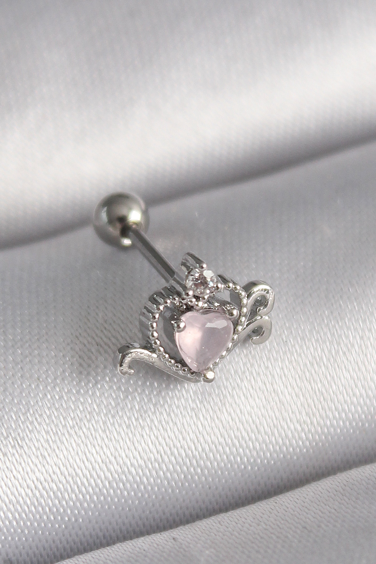316L Çelik Gümüş Renk Pembe Mineli Kalp Zirkon Taş Detay Tragus Piercing 5886