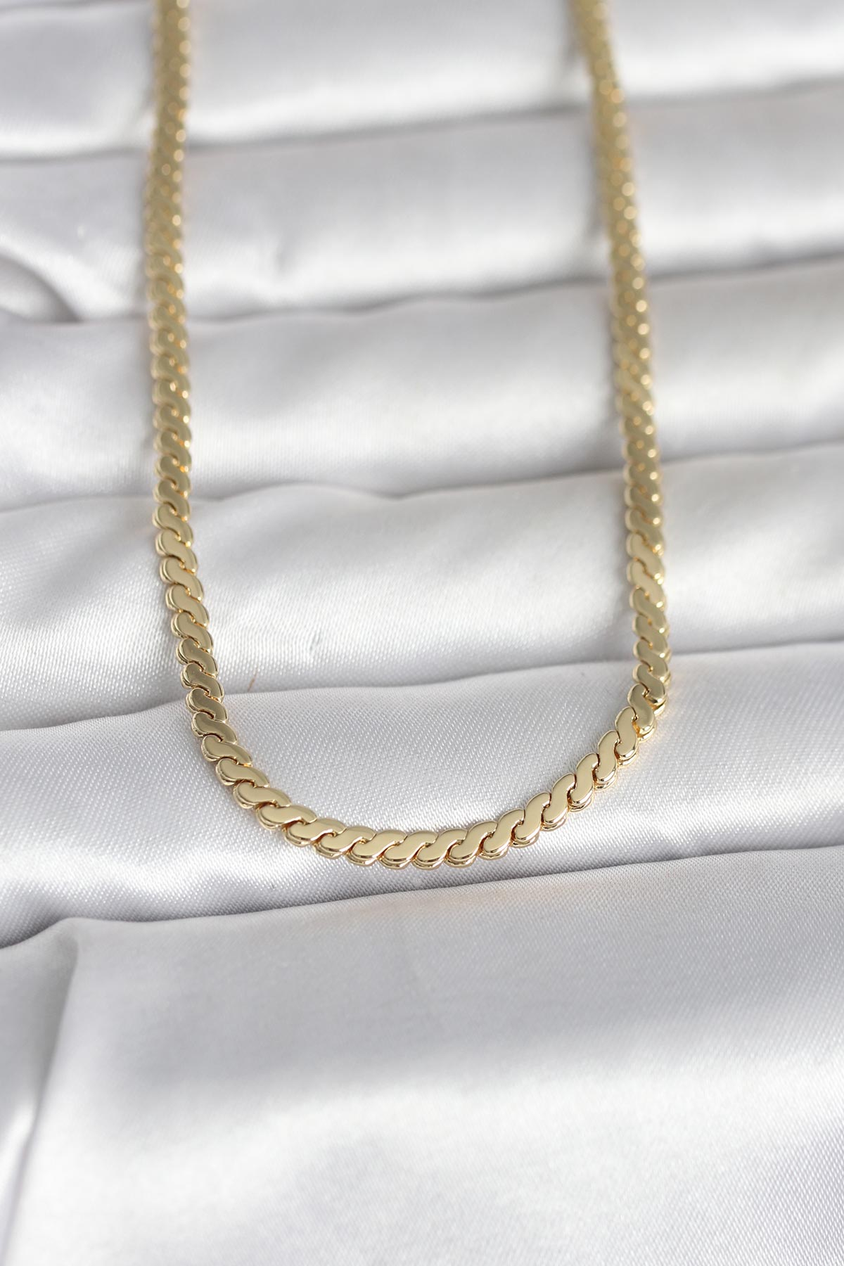 CM 14K Gold Renk Yassı Ezme Zincir Model 60 cm Kadın Kolye 5886