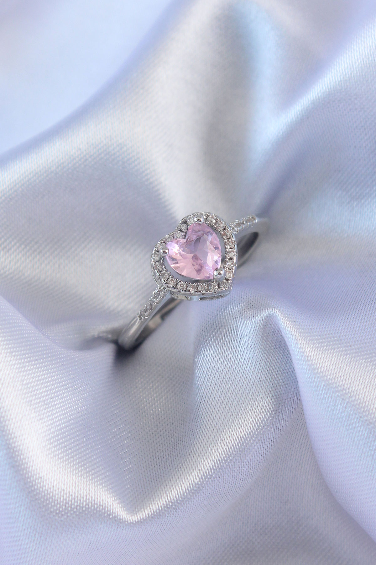Gümüş Renk Pembe Zirkon Taşlı Kalp Charm Model Pirinç Kadın Yüzük 5886