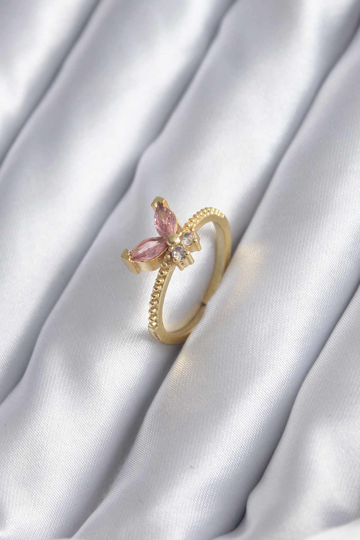 Gold Renk Pembe Zirkon Taşlı Kelebek Model Kadın Yüzük 5886