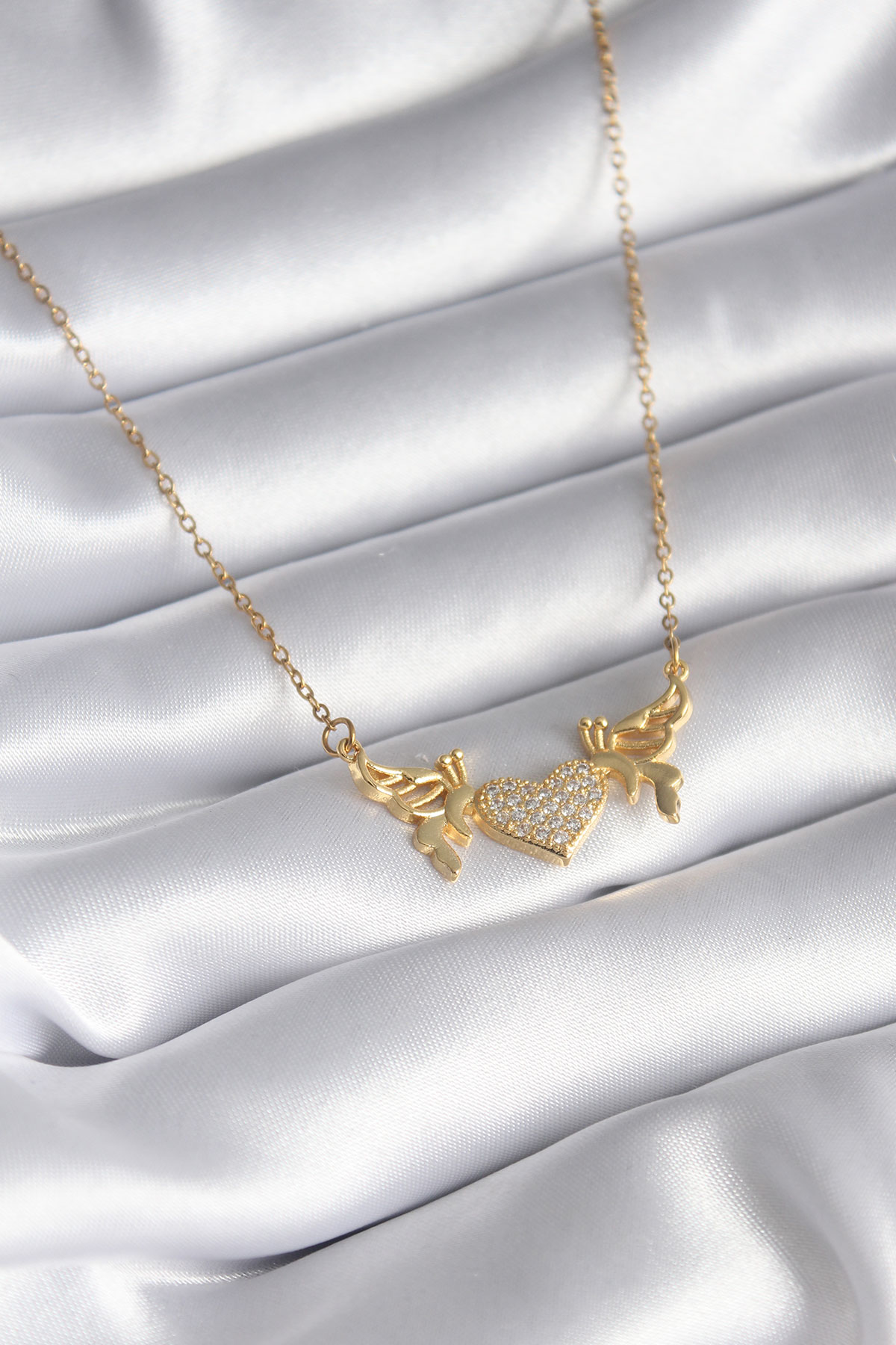 316L Çelik Gold Renk Zirkon Taşlı Kanatlı Kalp Model Kadın Kolye 5886