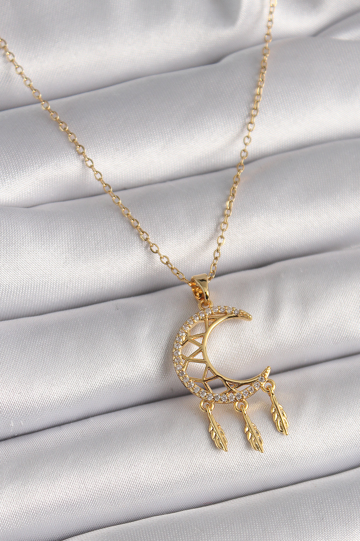 316L Çelik Gold Renk Zincir Zirkon Taşlı Hilal Model Sallantı Yaprak Detay Kadın Kolye 5886