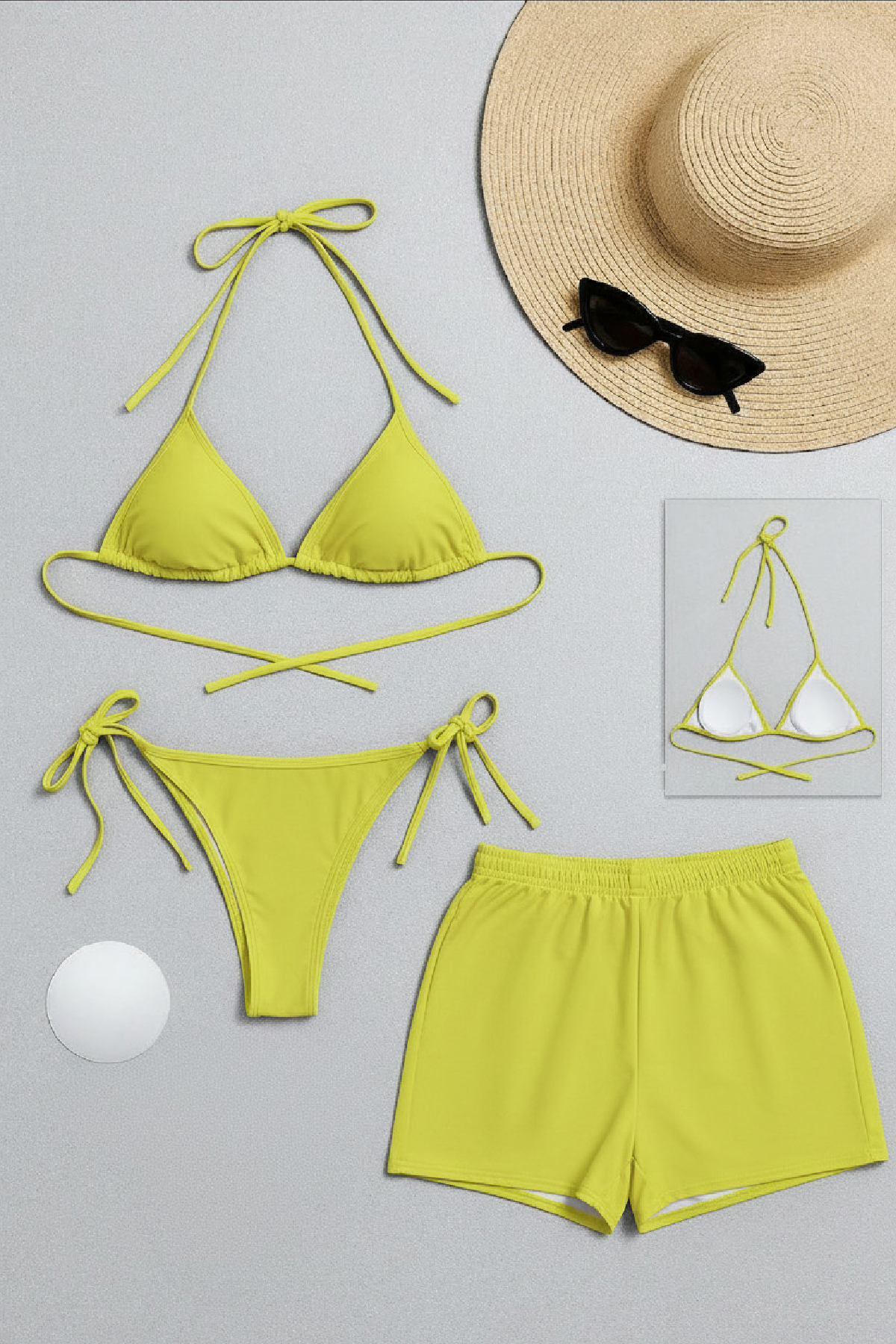 Kadın 3'lü Set Fosforlu Şortlu ve Yandan Bağlamalı Bikini Mayo Takımı