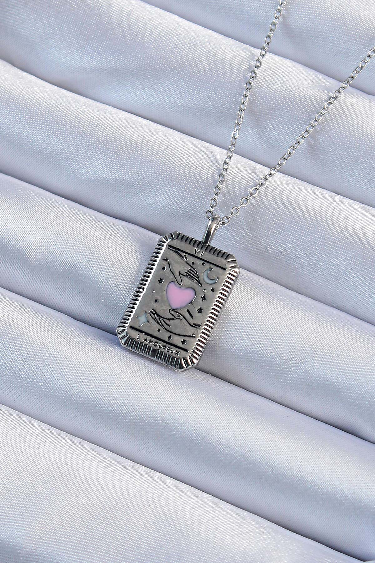 316L Çelik Zincir Eskitme Gümüş Renk Pembe Mineli Kalp Figürlü Tarot Kolye 5886