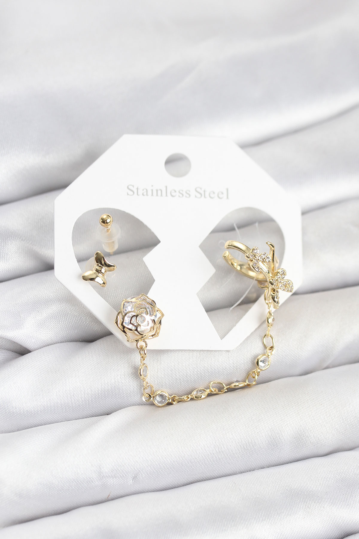 Pirinç Gold Renk Kelebekli Model Zincir Bağlantılı Ear Cuff Küpe Seti 5886